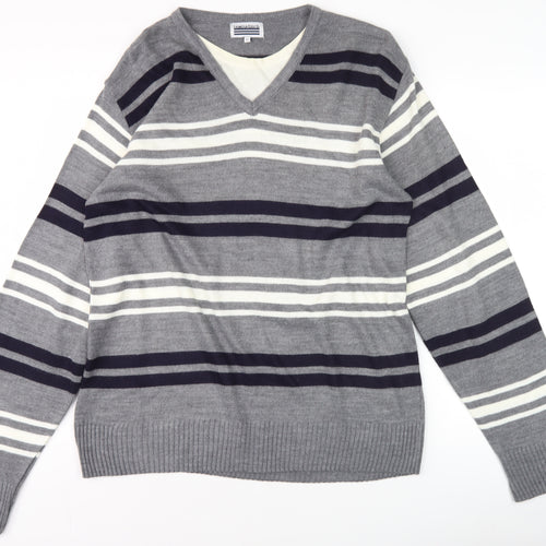 Lewis & Finch Men’s Grey Striped V-Neck Pullover Jumper L