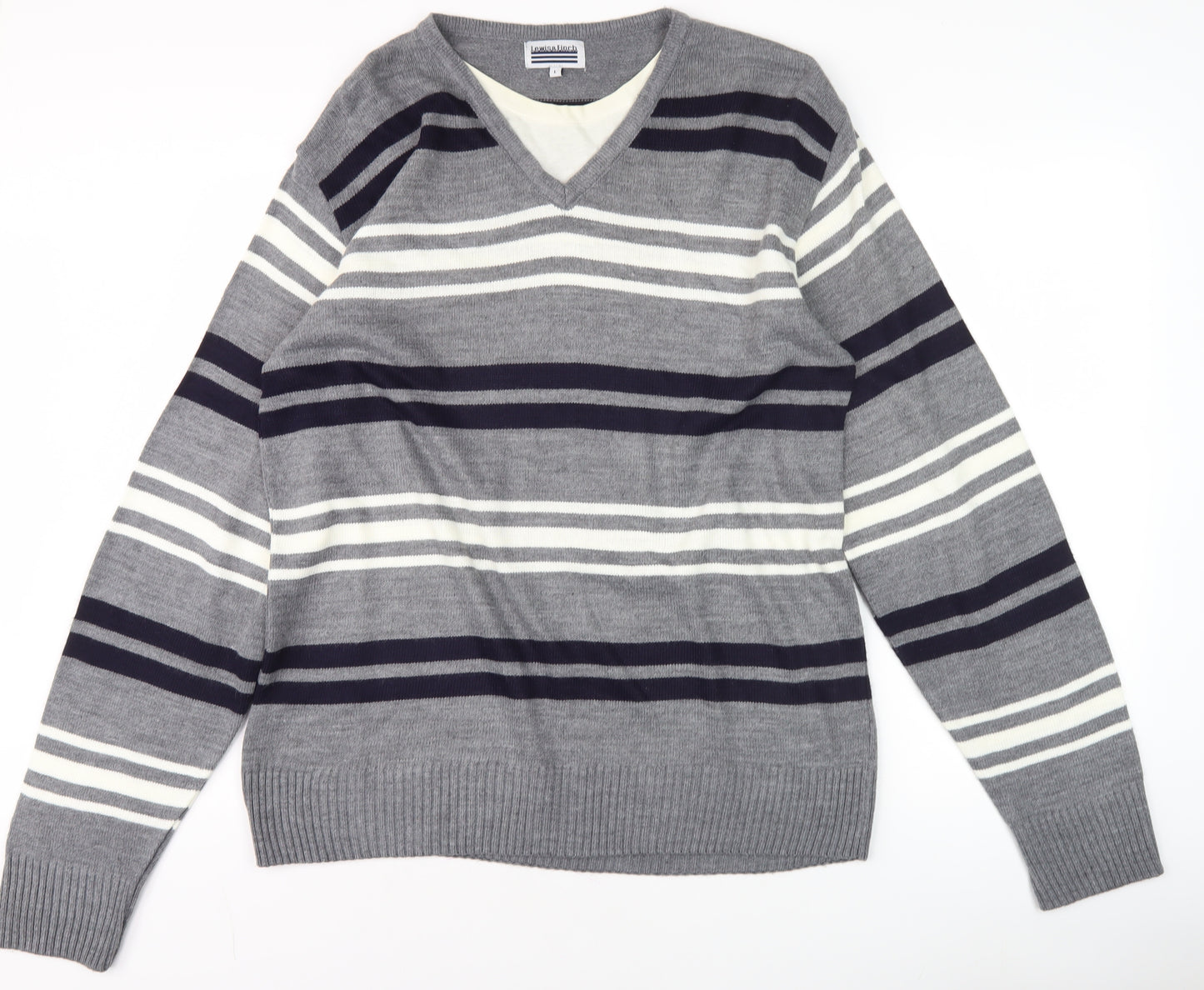 Lewis & Finch Men’s Grey Striped V-Neck Pullover Jumper L
