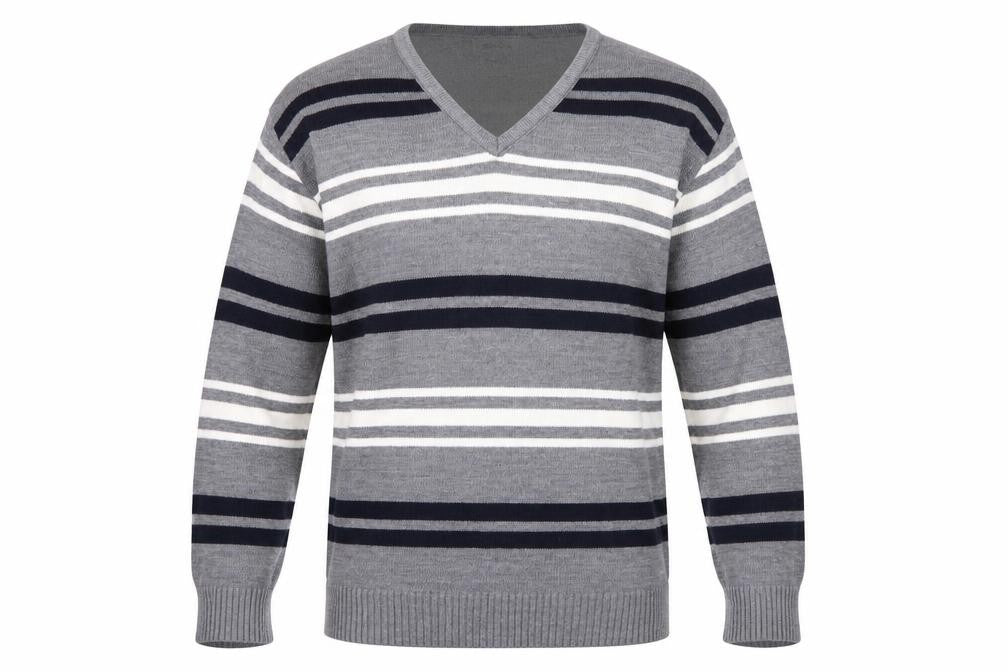 Front view of Lewis & Finch Men’s Grey Striped V-Neck jumper L