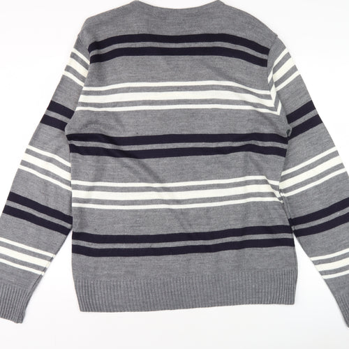 Lewis & Finch Men’s Grey Striped V-Neck Pullover Jumper L