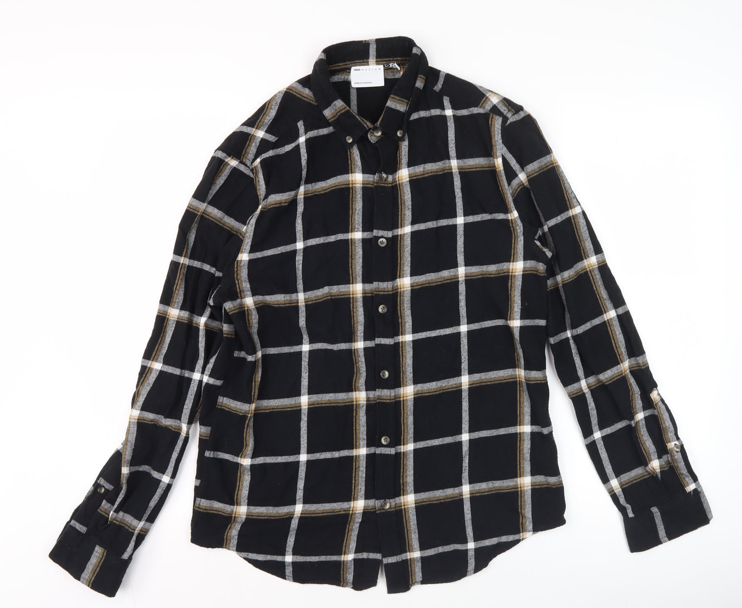 ASOS DESIGN Men’s Black Check Cotton Long Sleeve Button-Up Shirt M