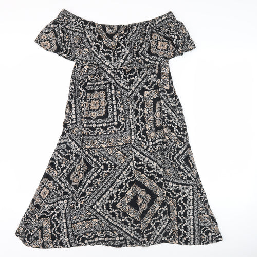 Dorothy Perkins Women’s Black Geometric Midi A-Line Off Shoulder Dress Size 10