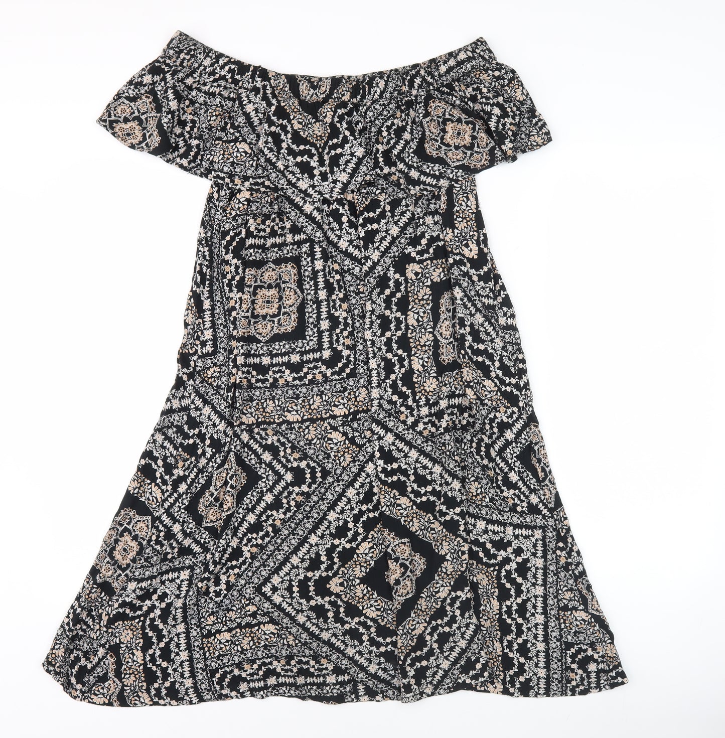 Dorothy Perkins Women’s Black Geometric Midi A-Line Off Shoulder Dress Size 10