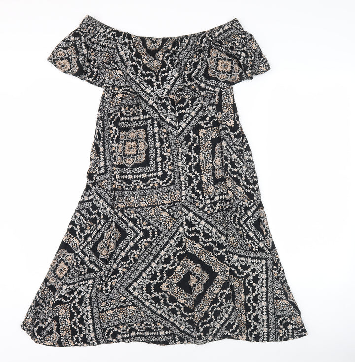 Dorothy Perkins Women’s Black Geometric Midi A-Line Off Shoulder Dress Size 10