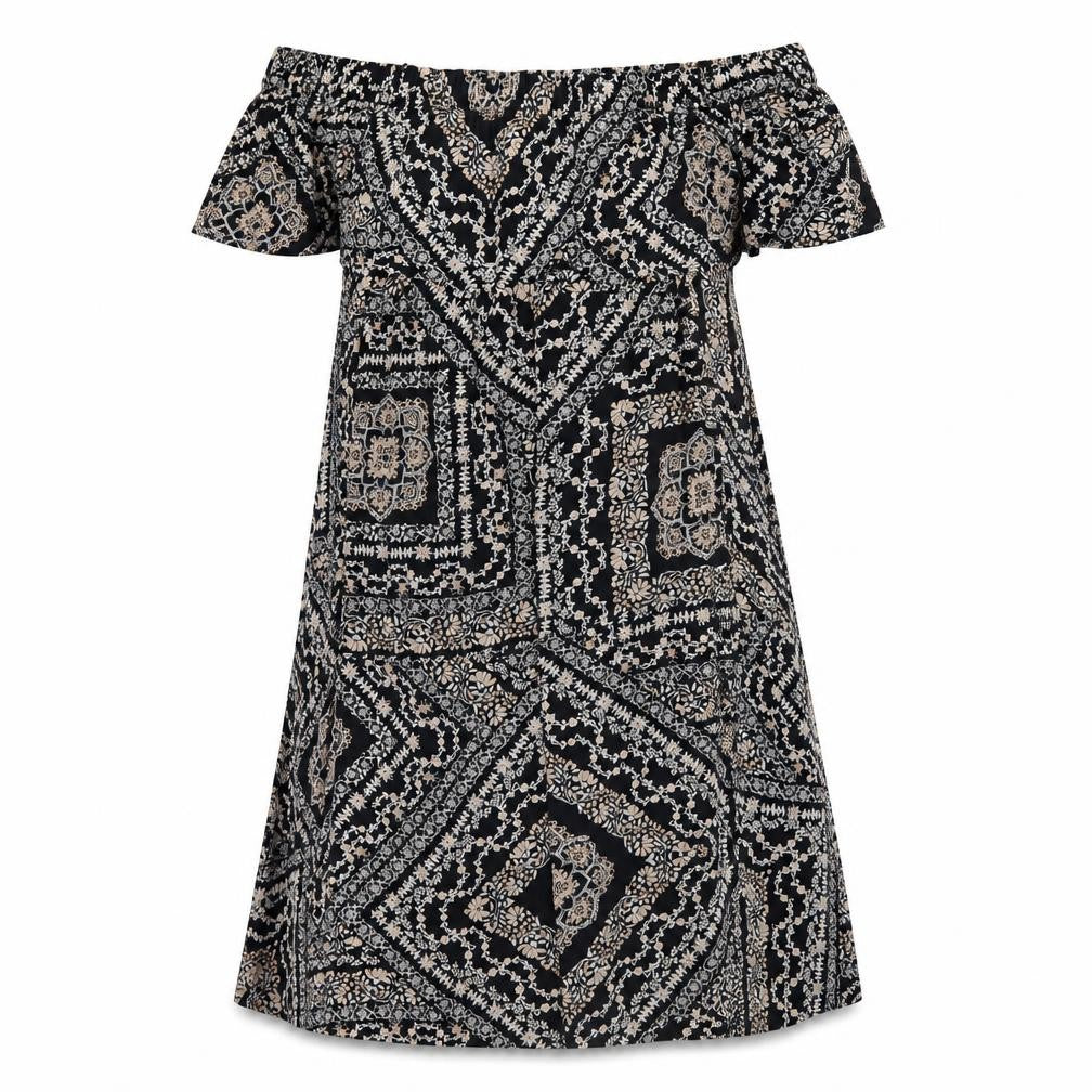 Dorothy Perkins Women’s Black Geometric Midi A-Line Off Shoulder Dress Size 10