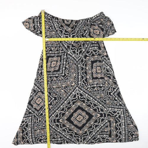 Dorothy Perkins Women’s Black Geometric Midi A-Line Off Shoulder Dress Size 10