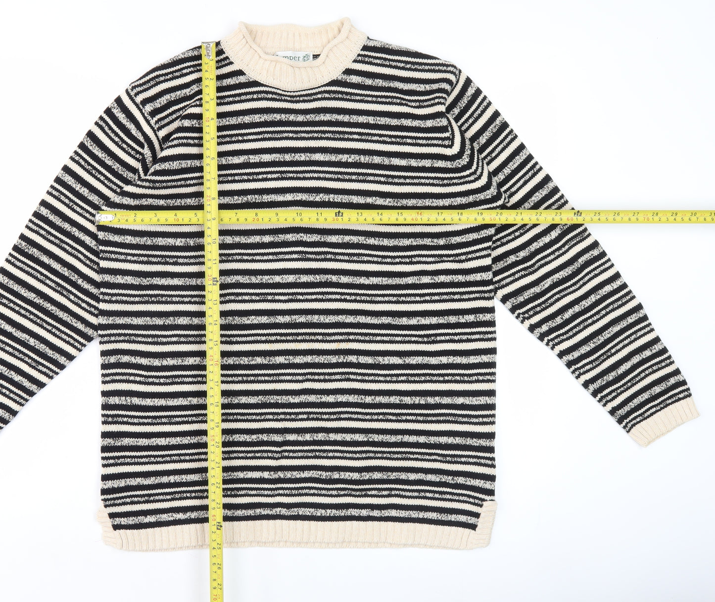 Jumper Women's Black Striped Mock Neck Pullover M Cotton Knit