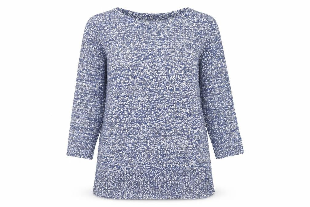 Front view of Bonmarché Women's Blue Knit Tunic Jumper, size M, Crew Neck