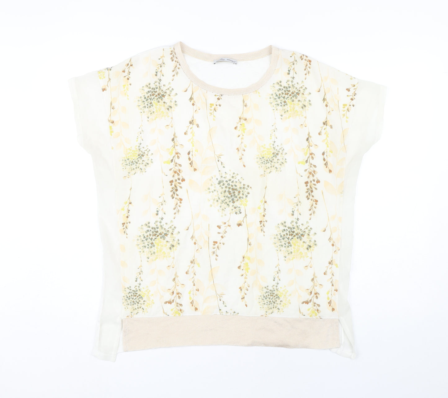 Zara Women Ivory Floral Short Sleeve Regular Fit T-Shirt Size 8