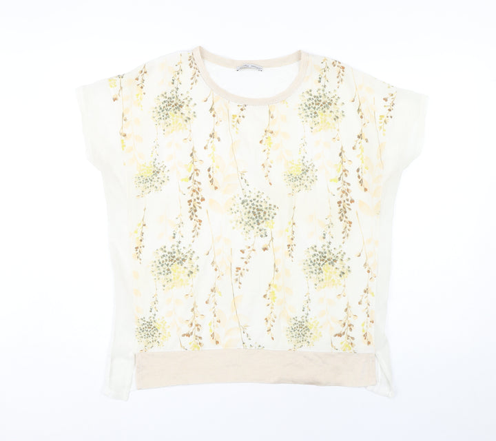 Zara Women Ivory Floral Short Sleeve Regular Fit T-Shirt Size 8