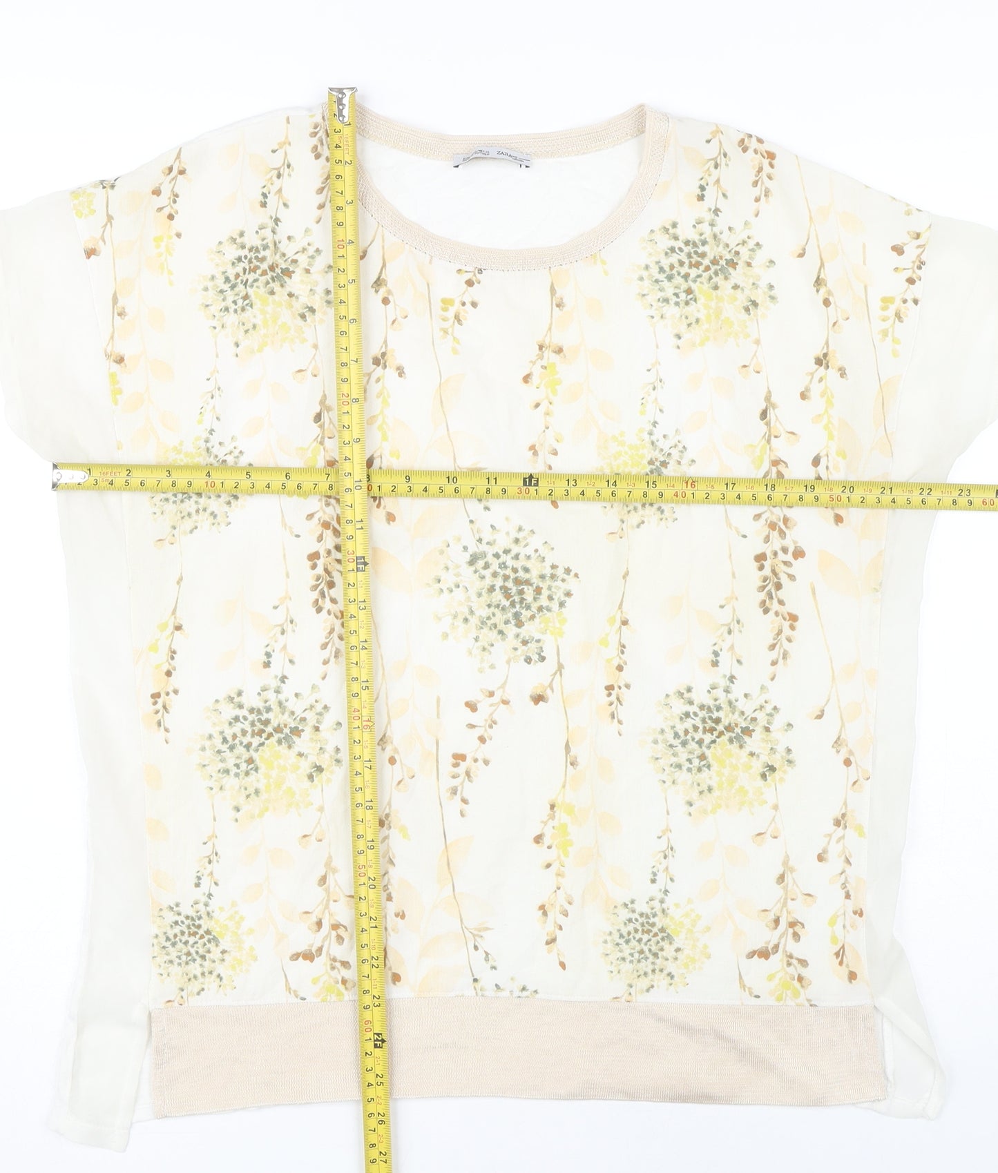 Zara Women Ivory Floral Short Sleeve Regular Fit T-Shirt Size 8