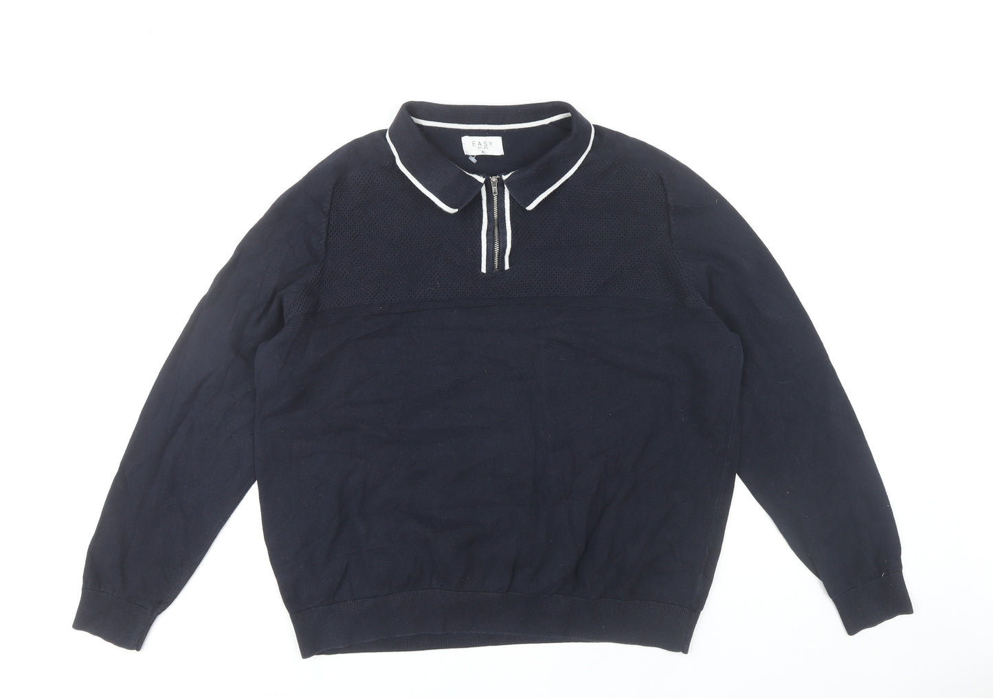 EASY Men’s Blue XL Collared 1/4 Zip Knitted Jumper Cotton Blend