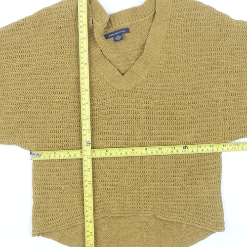 American Eagle Women’s Brown 2XS V-Neck Chunky-Knit Pullover Jumper