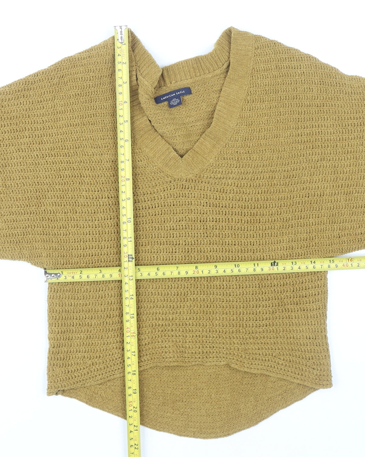 American Eagle Women’s Brown 2XS V-Neck Chunky-Knit Pullover Jumper