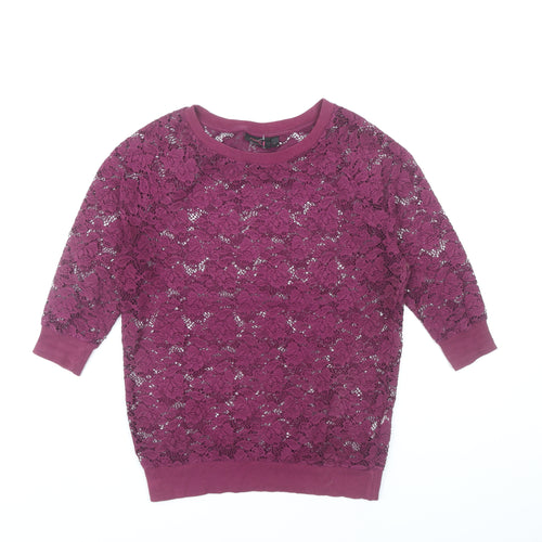 Next Women’s Purple Lace Blouse UK 8 3/4 Sleeve Crew Neck