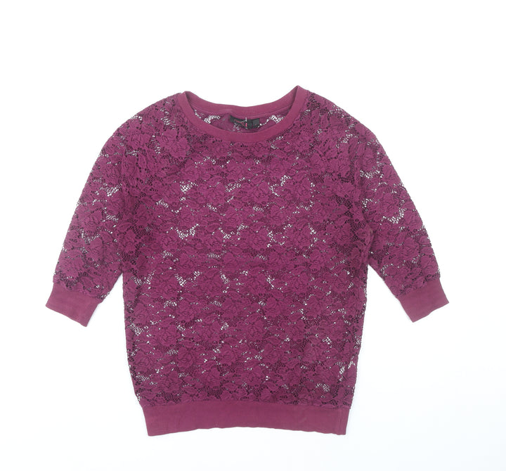Next Women’s Purple Lace Blouse UK 8 3/4 Sleeve Crew Neck