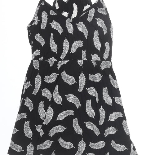 H&M Women’s Black Feather Print Halter Neck Short Slip Dress Size 12