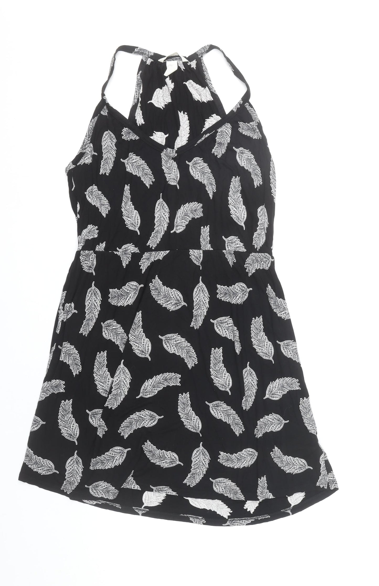 H&M Women’s Black Feather Print Halter Neck Short Slip Dress Size 12