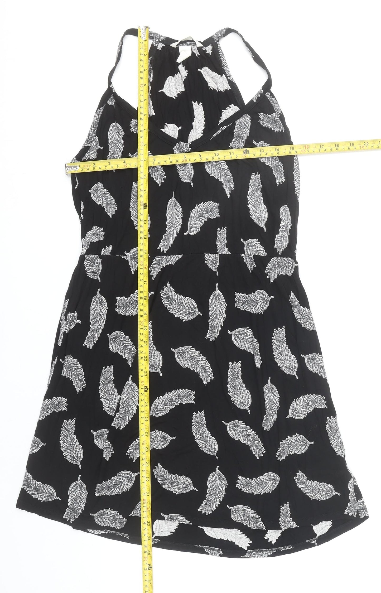 H&M Women’s Black Feather Print Halter Neck Short Slip Dress Size 12
