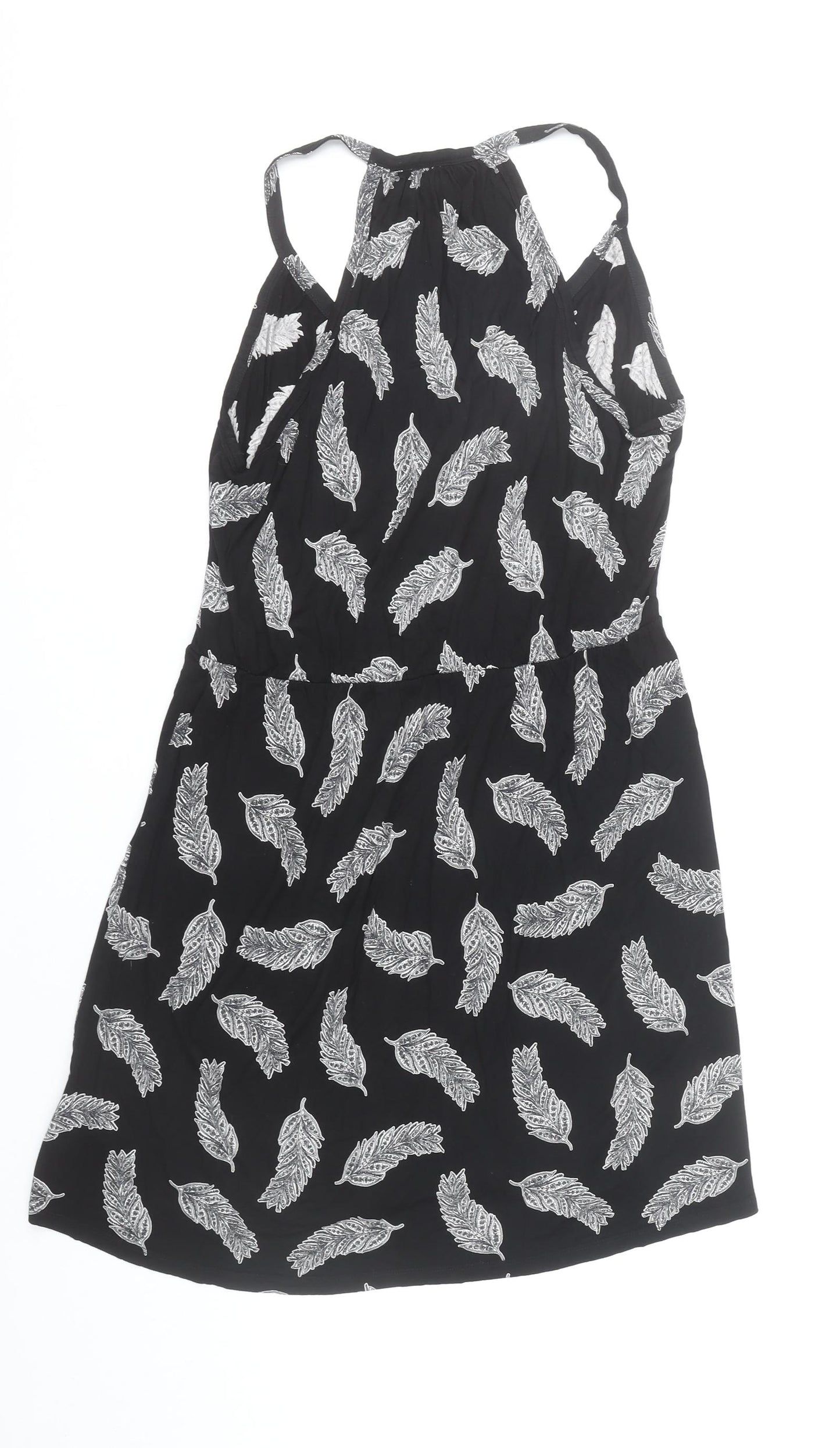 H&M Women’s Black Feather Print Halter Neck Short Slip Dress Size 12