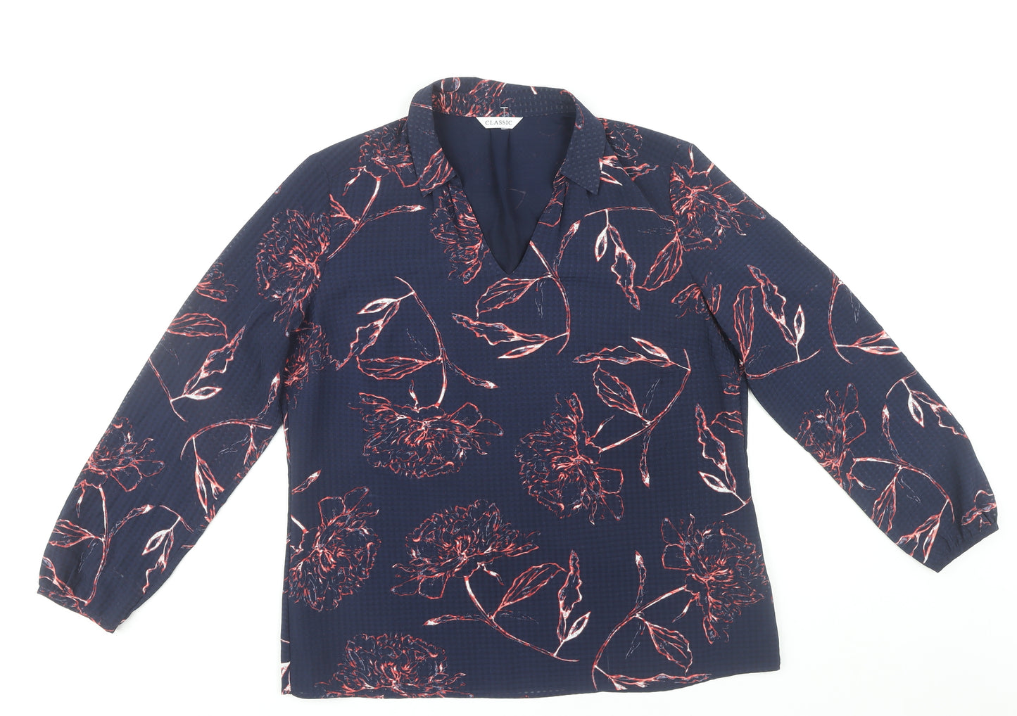 Marks and Spencer Women's Blue Floral Collared Long Sleeve Blouse UK 14