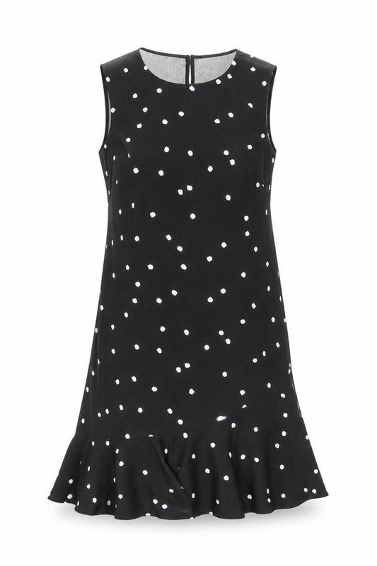 Front view of Warehouse Women’s Black Polka Dot Shift Dress, size UK 8, Knee Length Sleeveless