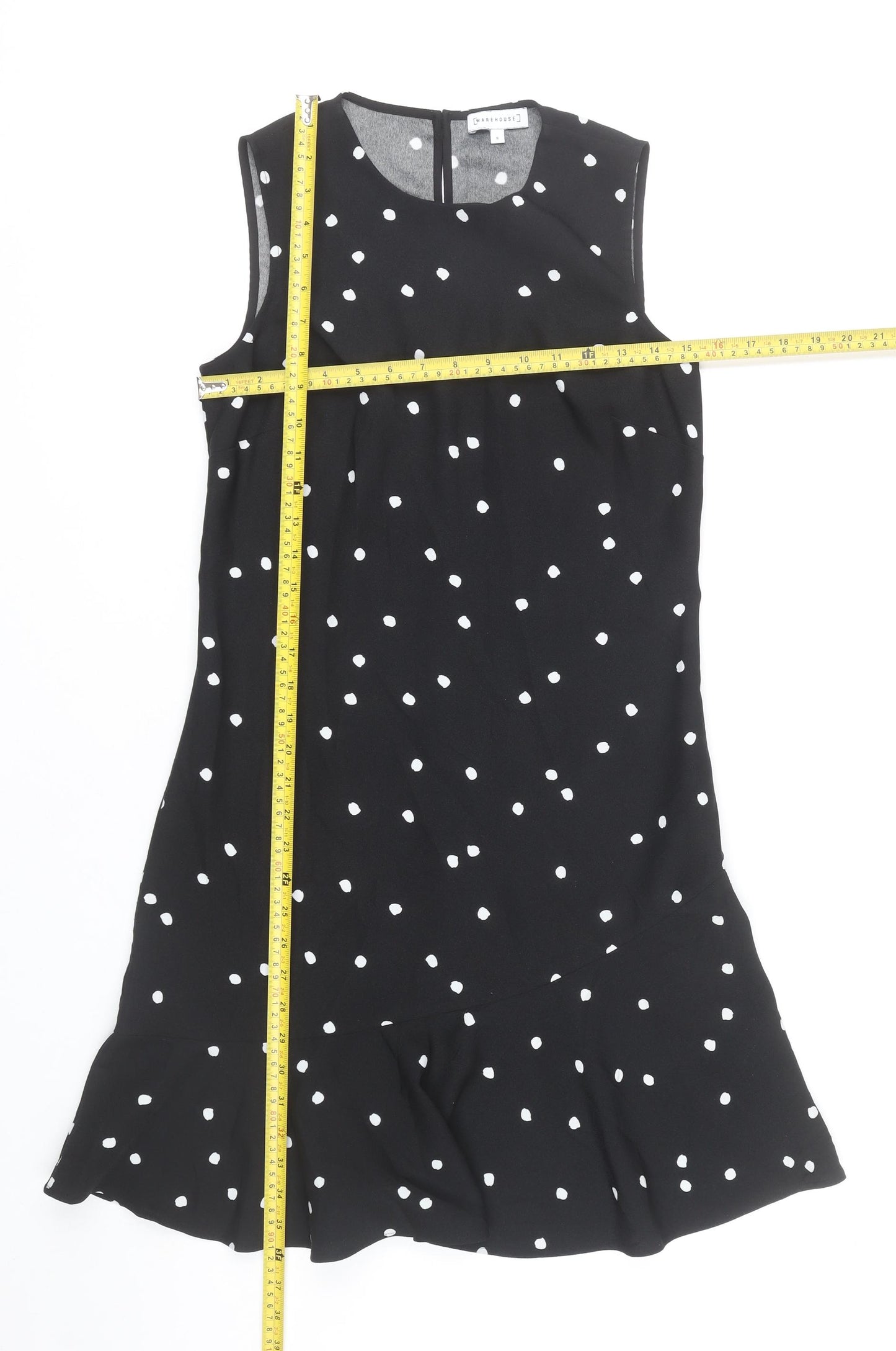 Warehouse Women’s Black Polka Dot Shift Dress Size 8 Knee Length Sleeveless