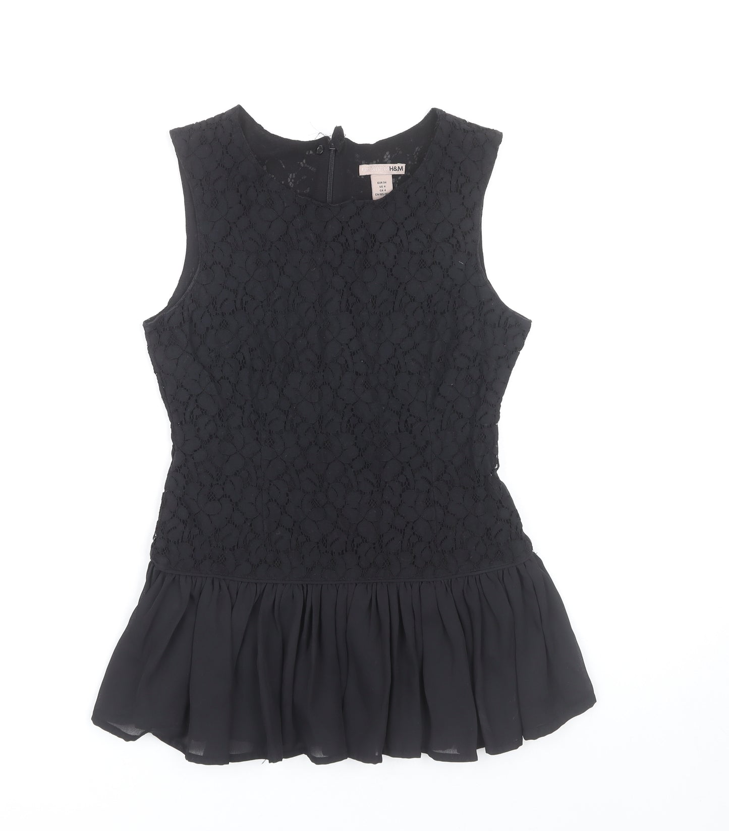 H&M Women's Black Lace Peplum Blouse Sleeveless Size 6
