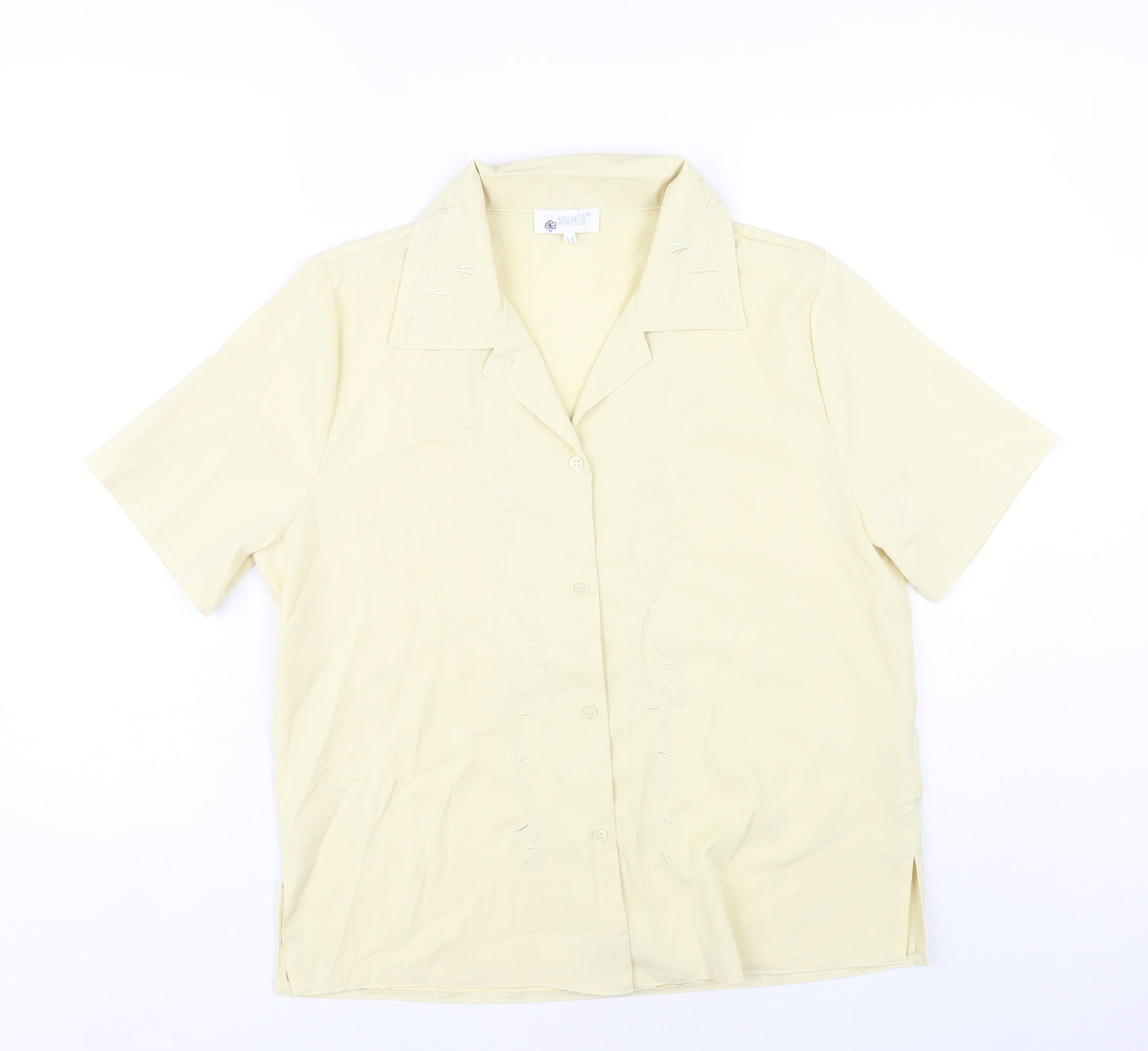 Anamor Women Beige Short Sleeve Collared Button-Up Shirt Size 14