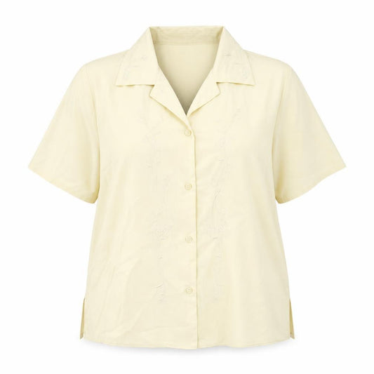 Front view of Anamor Women Beige Short Sleeve Collared Button-Up Shirt, size 14