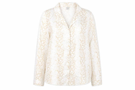 Front view of ASOS Women Beige Animal Print Long Sleeve Button-Up Shirt, size 14