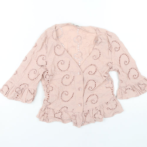 Miss Selfridge Women’s Pink Lace Tunic Blouse UK 8 3/4 Sleeve V-Neck Ruffle Hem