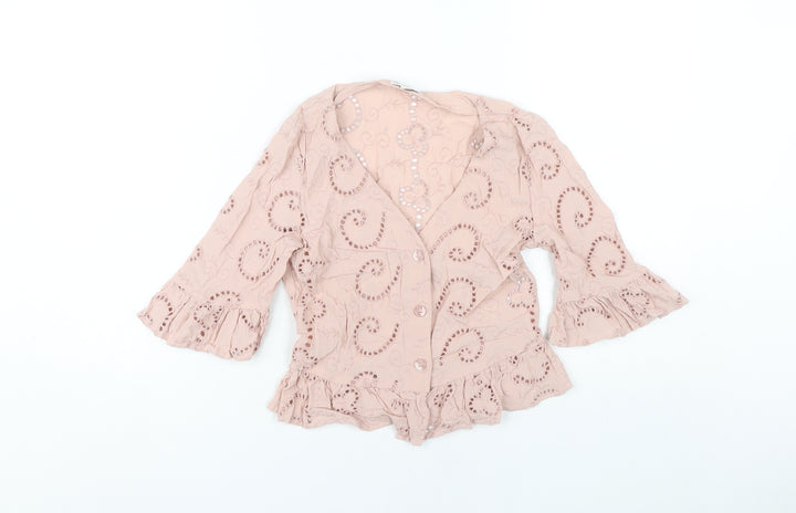 Miss Selfridge Women’s Pink Lace Tunic Blouse UK 8 3/4 Sleeve V-Neck Ruffle Hem