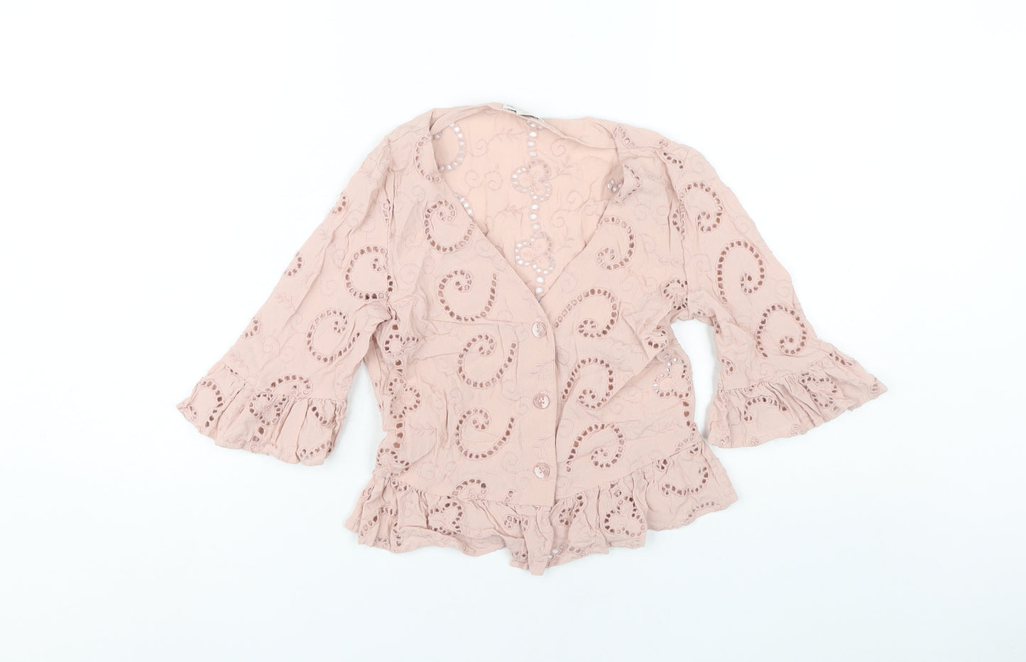 Miss Selfridge Women’s Pink Lace Tunic Blouse UK 8 3/4 Sleeve V-Neck Ruffle Hem