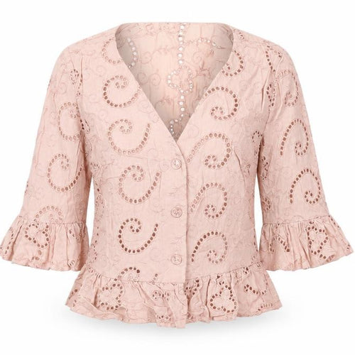 Miss Selfridge Women’s Pink Lace Tunic Blouse UK 8 3/4 Sleeve V-Neck Ruffle Hem
