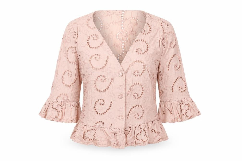 Miss Selfridge Women’s Pink Lace Tunic Blouse UK 8 3/4 Sleeve V-Neck Ruffle Hem