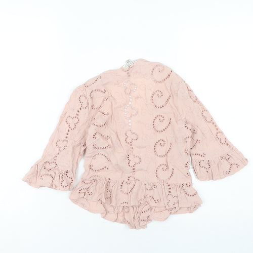 Miss Selfridge Women’s Pink Lace Tunic Blouse UK 8 3/4 Sleeve V-Neck Ruffle Hem