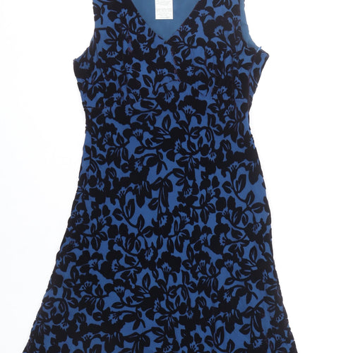 Laura Ashley Women Blue Floral Velvet A-Line Knee Length Dress UK 10