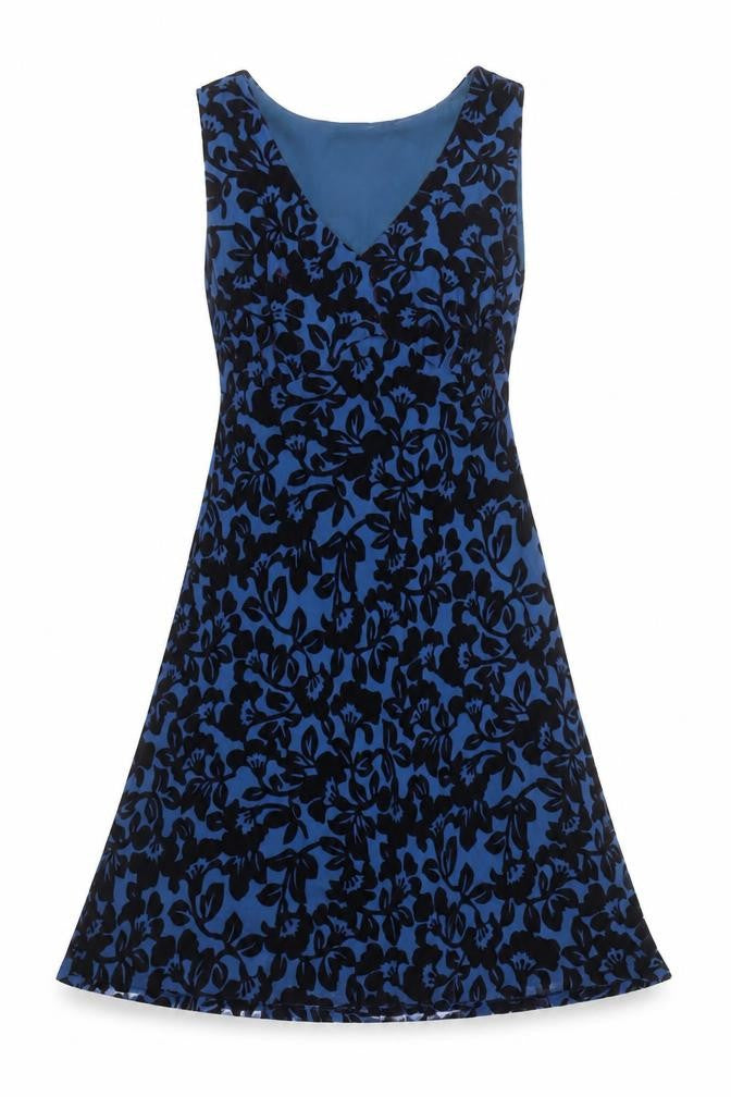 Laura Ashley Women Blue Floral Velvet A-Line Knee Length Dress UK 10