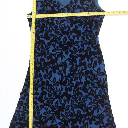 Laura Ashley Women Blue Floral Velvet A-Line Knee Length Dress UK 10