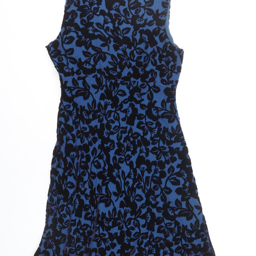 Laura Ashley Women Blue Floral Velvet A-Line Knee Length Dress UK 10