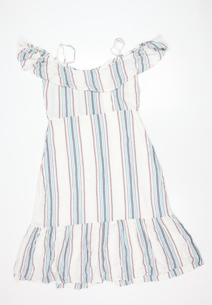 Lipsy Women’s Multicoloured Striped A-Line Puff Sleeve Dress UK 12