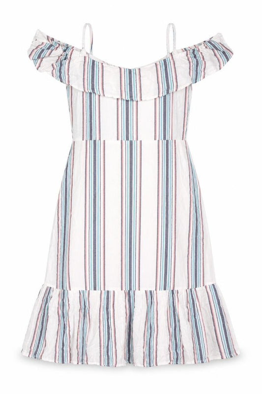 Front view of Lipsy Women’s Multicoloured Striped A-Line Puff Sleeve Dress UK 12