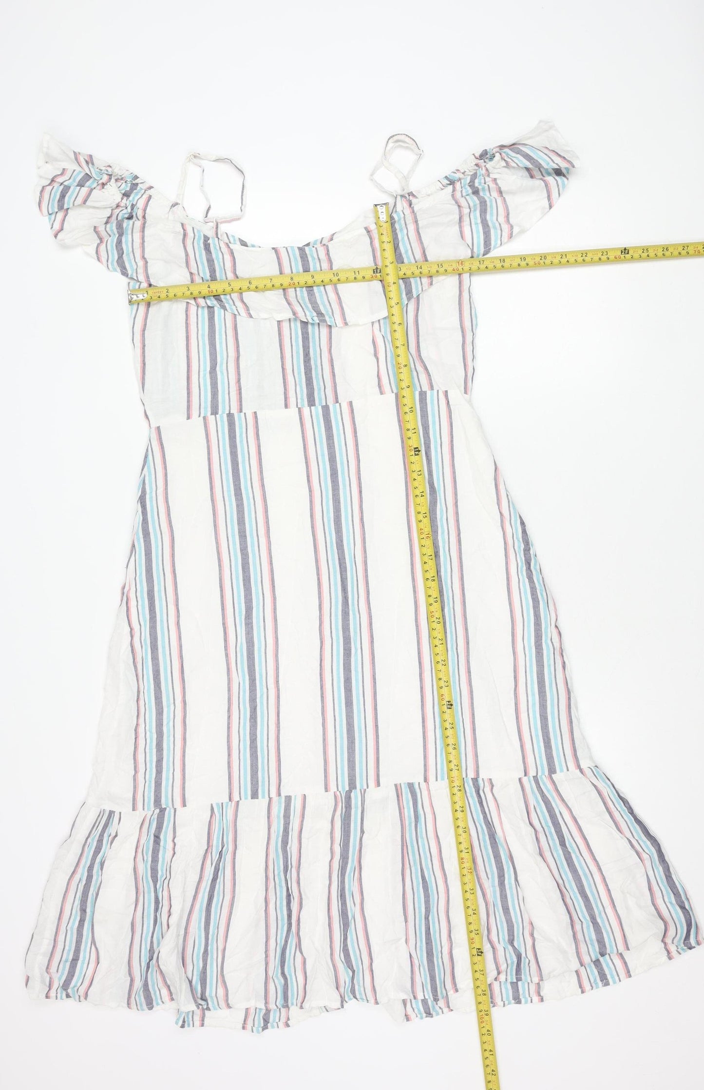 Lipsy Women’s Multicoloured Striped A-Line Puff Sleeve Dress UK 12