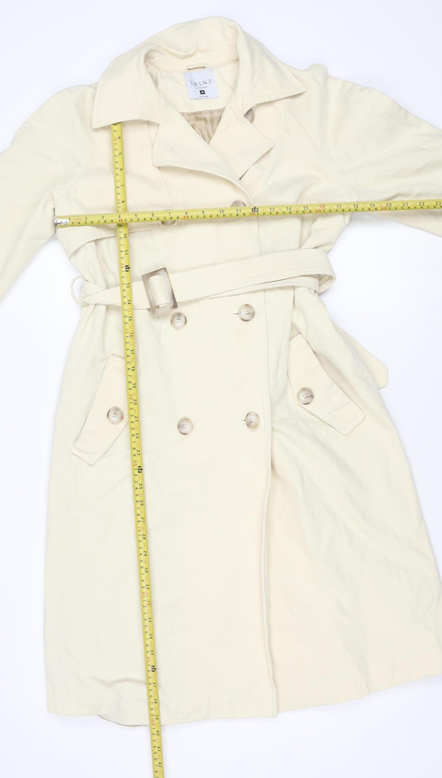 THE LACE Women’s Ivory Cotton Long Trench Coat Belted M