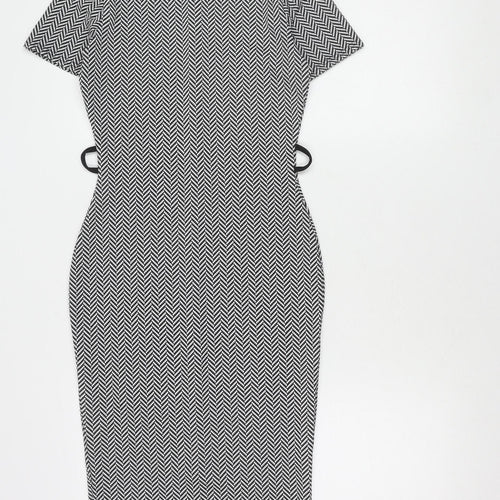 Boohoo Women’s Black Herringbone Bodycon Dress Size 10 Knee-Length