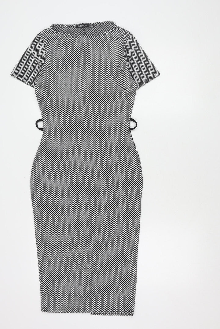 Boohoo Women’s Black Herringbone Bodycon Dress Size 10 Knee-Length