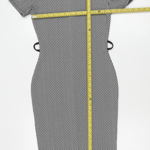 Boohoo Women’s Black Herringbone Bodycon Dress Size 10 Knee-Length