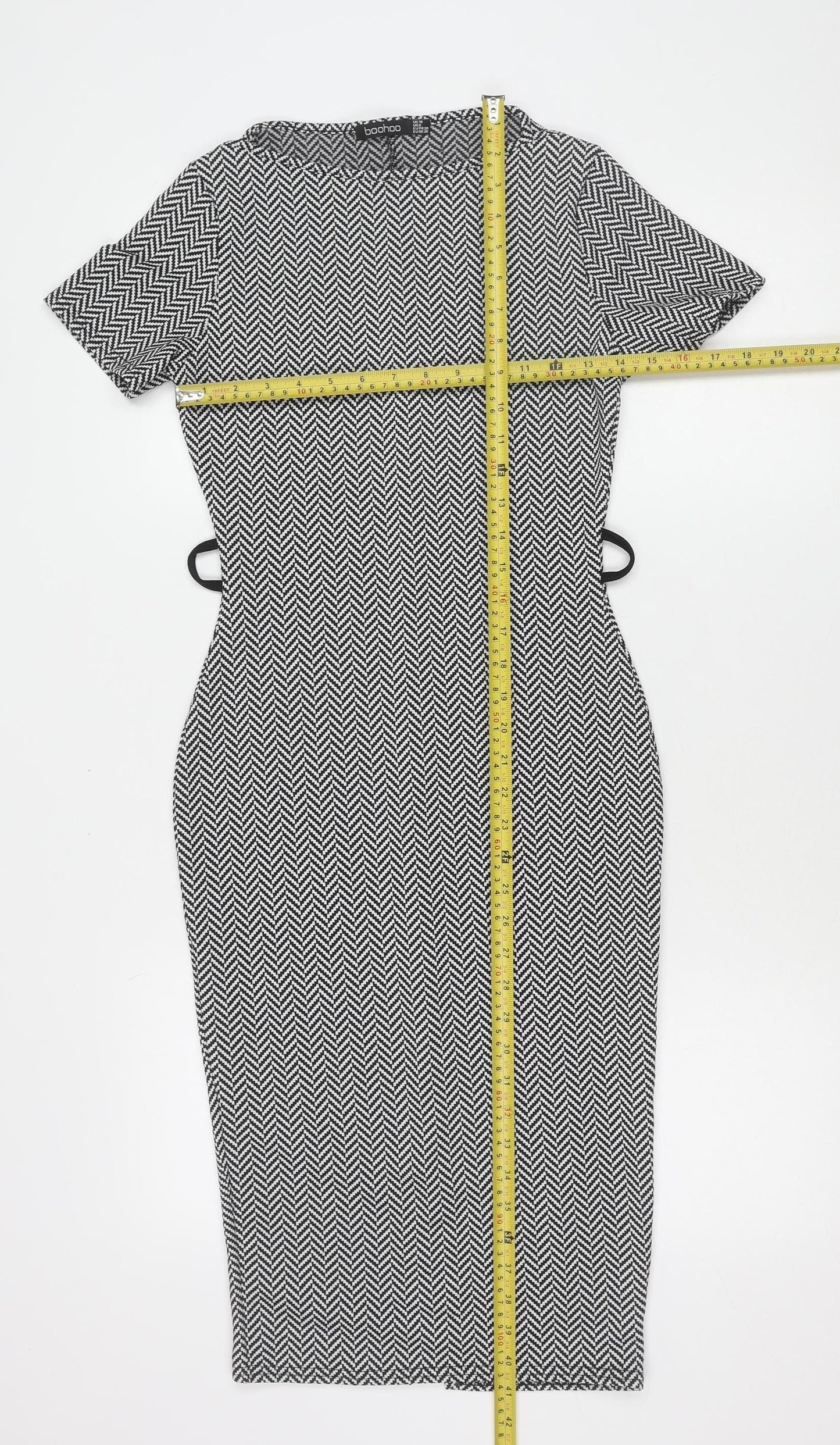 Boohoo Women’s Black Herringbone Bodycon Dress Size 10 Knee-Length