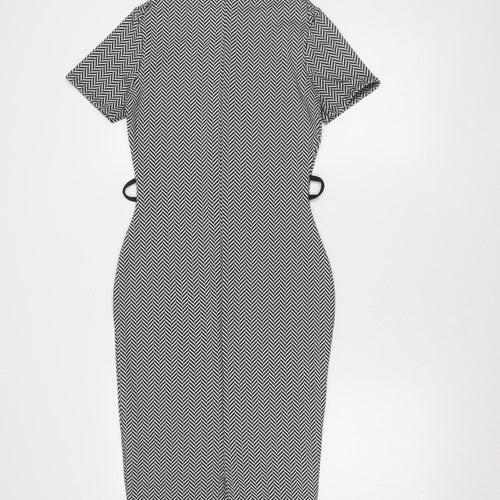 Boohoo Women’s Black Herringbone Bodycon Dress Size 10 Knee-Length